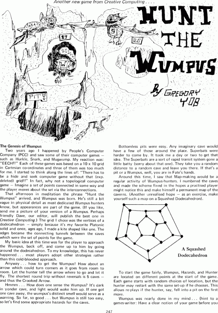 Hunt The Wumpus, The Best of Creative Computing, Volume 1, http://www.atariarchives.org/bcc1/showpage.php?page=247